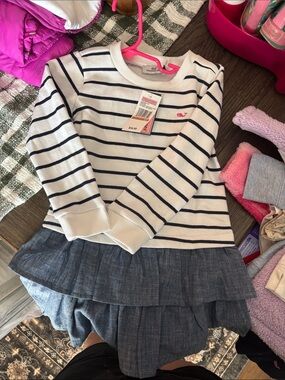 Vineyard Vines Navy & White Striped Ruffle-Hem Sweater Dress